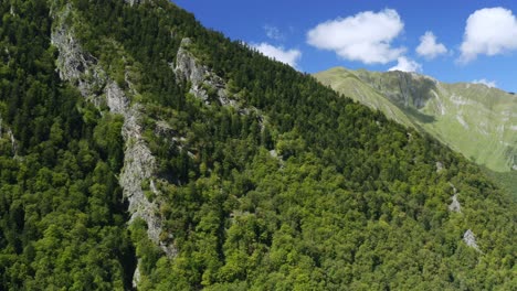 Low-altitude-flight-over-a-mountain-forest,-Ariege---Pyrenees,-France
