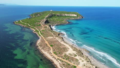 Capo-San-Marco-Beach,-Peninsula-and-Headland-in-San-Giovanni-di-Sinis,-Sardinia---4k-Aerial