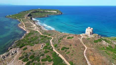 Capo-San-Marco-Beach-and-Peninsula-in-San-Giovanni-di-Sinis,-Sardinia---4k-Aerial-Circling
