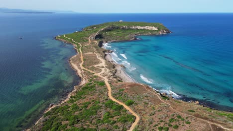Capo-San-Marco-Beach-and-Peninsula-in-San-Giovanni-di-Sinis,-Sardinia---4k-Aerial