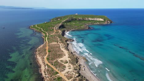 Capo-San-Marco-Beach-and-Peninsula-in-San-Giovanni-di-Sinis,-Sardinia---Aerial-4k