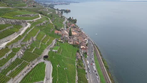 aerial-tilt-up-view-of-Lavaux-vineyards-and-geneva-lake-downhill,-Switzerland,-Vaud