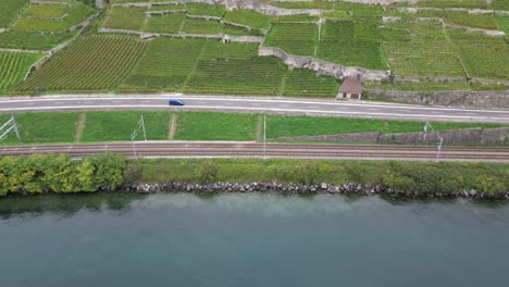 aerial-view-of-geneva-lake-shore-in-Lavaux,-vineyard,-train-rails-and-a-road