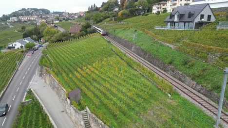 Luftaufnahme:-Lavaux-Weinberge,-Straßen-Und-Autos-Sowie-Ein-Regionalzug,-Schweiz