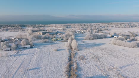 Aerial-establishing-view-of-rural-landscape-in-winter,-snow-covered-countryside-fields-and-trees,-cold-freezing-weather,-sunny-winter-day-with-blue-sky,-private-houses,-wide-drone-shot-moving-forward