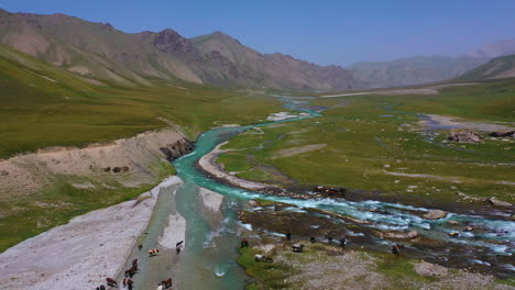 Vista-Aérea-De-Drones-De-Una-Manada-De-Caballos-Bebiendo-De-Un-Río-En-El-Impresionante-Desierto-Montañoso-De-Kirguistán