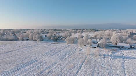 Aerial-establishing-view-of-a-rural-landscape-in-winter,-snow-covered-countryside-fields-and-trees,-cold-freezing-weather,-sunny-winter-day-with-blue-sky,-wide-drone-shot-moving-backward