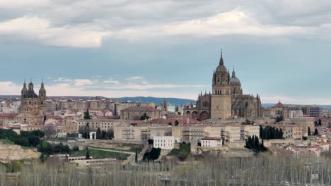 Aerial-drone-of-the-city-of-Salamanca-on-a-cloudy-day