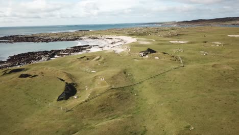aerial-panoramic:-Connemara,-irish-landscape,-flat-meadows,-atlantic-ocean-and-beaches
