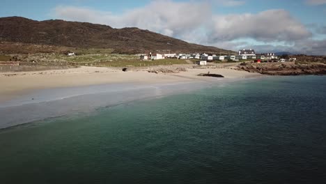 aerial-view-of-a-landscape-in-Connemara,-Ireland,-atlantic-ocean,-sandy-beach