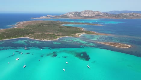 Boats-and-yachts-in-blue-sea-near-Isola-Piana,-Asinara-National-Park,-Sardinia,-Italy---Aerial-4k