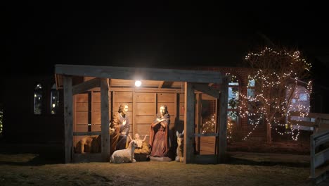 The-Nativity-Scene,-Christmas-Decor-Outdoor-In-A-Quiet-Night-At-The-Countryside