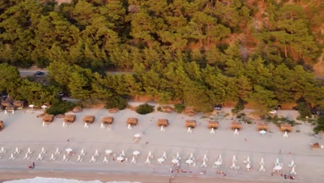 Aerial-view-of-rental-cars-driving-along-a-road-next-to-a-beautiful-beach-in-Turkey