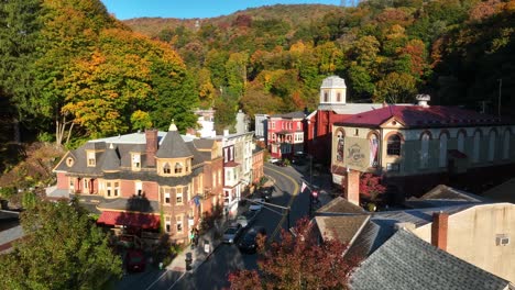 Historic-Mauch-Chunk-Museum-and-cultural-center-and-theater-in-Jim-Thorpe-during-aerial-autumn-shot