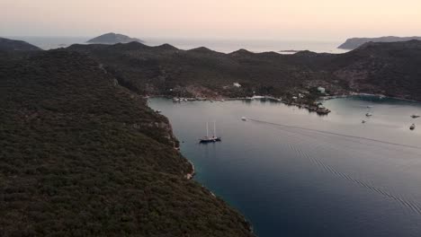 Aerial-view-of-Turkish-schooner-in-the-waters-of-Kas,-Turkey