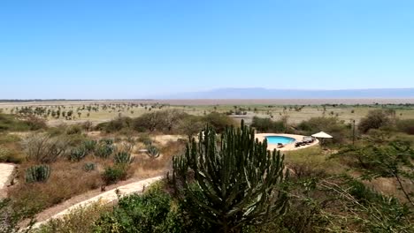 Establisher-view-of-African-landscape-with-swimming-pool,-Karatu,-Tanzania,-day