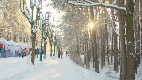 People-walking-in-cold-winter-snowy-street-in-local-Christmas-market-by-park