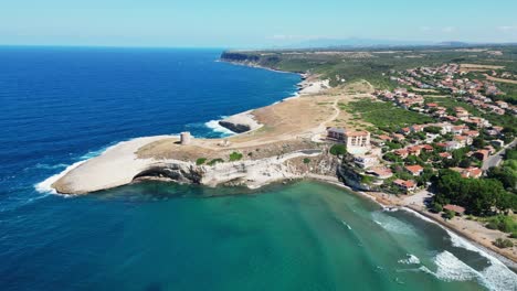 S'-Archittu-Arco-beach-at-west-coast-of-Sardinia,-Italy---4k-Aerial