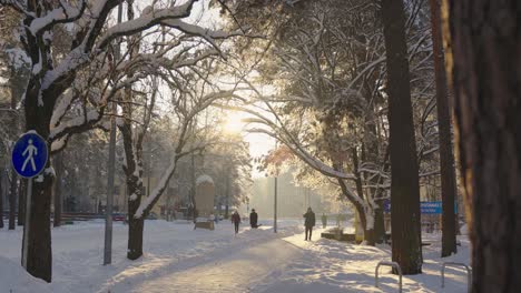 Establisher-shot-of-people-walking-in-cold-winter-street-in-Riga,-Latvia