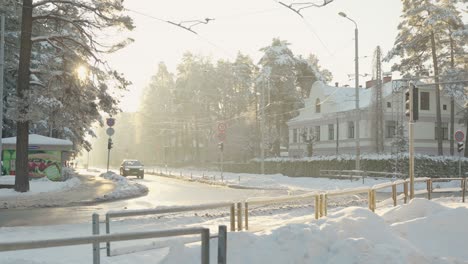 Establish-static-shot-of-Riga-street-after-snowfall,-early-morning-sunrise