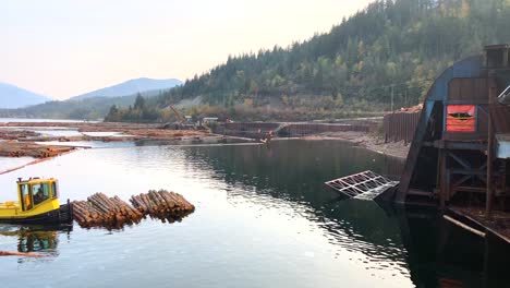 Tug-boat-pushing-logs-towards-log-hoist-for-lifting-out-of-the-water-and-further-processing-at-sawmill