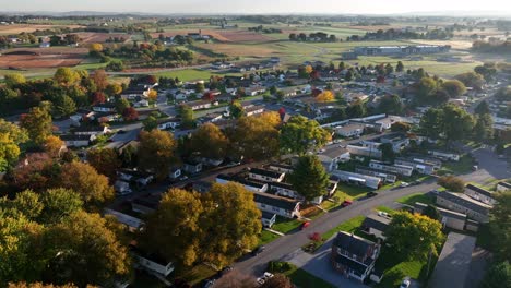 Aerial-view-of-trailer-home-mobile-house-park-in-autumn
