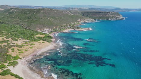 West-Coast-of-Sardinia-with-Small-Coves,-Green-Mountains-and-Turquoise-Blue-Sea---4k-Aerial