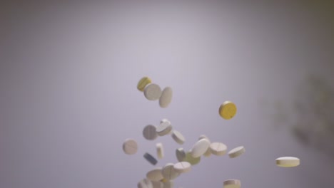Slow-Motion-Shot-Of-Colored-Supplements-Medical-Pills-Flying-In-The-Air