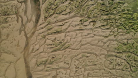 Top-Down-Aerial-Drone-Shot-over-Natural-Abstract-Sand-Estuary-Creek-with-Green-in-Wells-Next-The-Sea-North-Norfolk-UK
