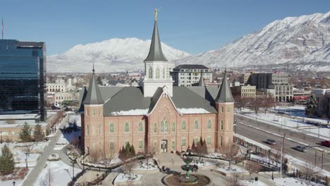 LDS-Mormon-Temple-in-Provo-on-Snowy,-Winter-Day-in-Utah---Aerial-Orbit