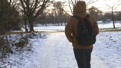 Hombre-Caucasina-Caminando-Solo-En-El-Bosque-Del-Parque-De-Nieve-Durante-La-Temporada-De-Vacaciones-De-Invierno-Con-Una-Moderna-Chaqueta-Naranja-De-Moda