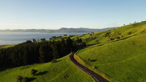 Vibrante-Ruta-Costera-Escénica-En-Nueva-Zelanda,-Vista-Aérea-De-Drones