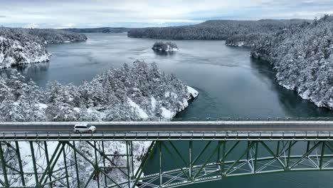 Aerial-view-of-a-white-SUV-traveling-across-a-bridge-with-snow-everywhere