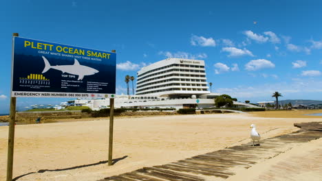 Señal-De-Advertencia-De-Tiburones-En-La-Playa-Central-Con-El-Hotel-Beacon-Isle-En-El-Fondo,-Plett