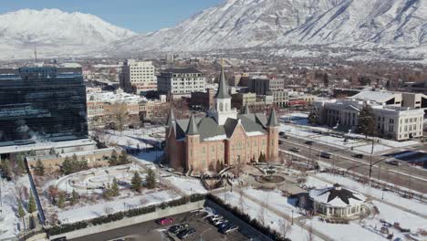 Aerial-Pullback-Reveal-of-LDS-Mormon-Provo-City-Center-Temple-in-Winter
