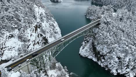 Overhead-aerial-view-of-cars-commuting-over-Deception-Pass-bridge-in-the-winter-with-snow-covering-the-ground