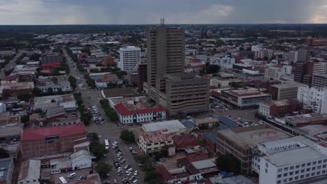 Drove-video-of-the-National-Railways-Headquarters-in-Bulawayo,-Zimbabwe