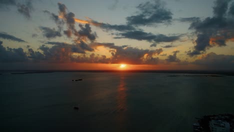 Cinematic-Orange-Sunset-On-Horizon-Over-Calm-Caribbean-Sea-Waters