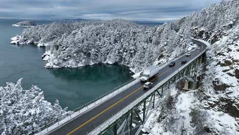 Aerial-view-of-a-white-semi-truck-traveling-over-a-snow-covered-bridge-to-deliver-its-shipment