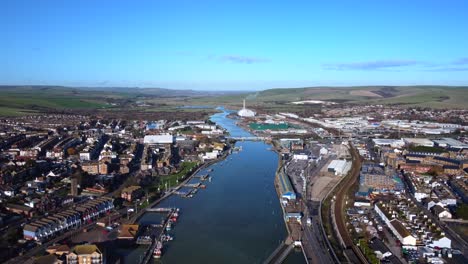 Aerial-view-Newhaven-town-and-River-Ouse-in-East-Sussex-on-sunny-day