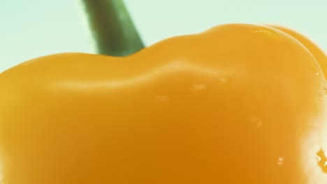 A-macro-close-up-shot-of-a-wet-shiny-sweet-yellow-pepper-on-a-rotating-stand-360,-slow-motion,-4k