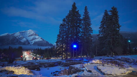 Winter-scene-in-the-mountains-of-Banff,-Alberta,-Canada,-during-the-evening-in-blue-hour