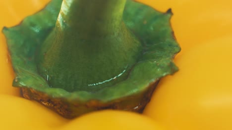 A-macro-close-up-shot-of-a-wet-sweet-yellow-pepper-on-a-rotating-stand-360,-slow-motion,-4k