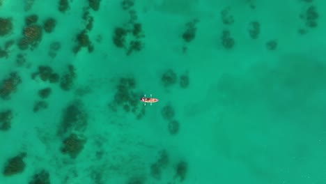 Aerial-view-above-people-paddling-across-the-Bacalar-rapids,-in-sunny-Mexico---cenital,-drone-shot