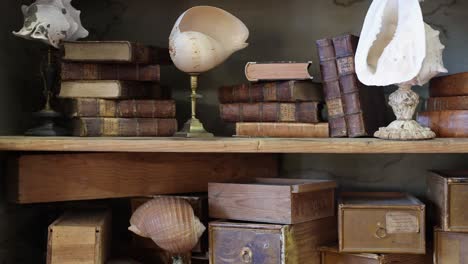 Antique-Books,-Knickknacks,-and-Wooden-Storage-Boxes-on-Shelves-of-a-Wooden-Cabinet