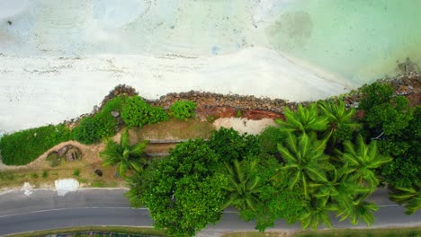 Bird-eye-view-of-drone-showing-beach,-and-moving-car-on-the-road-of-the-south-west-coast-of-Mahe