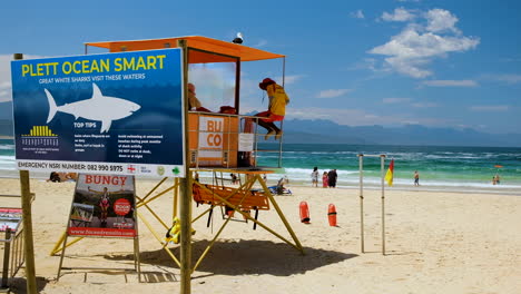 Big-sign-next-to-lifeguard-tower-warns-beachgoers-of-shark-activity-in-ocean