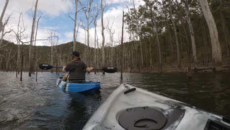 First-persons-view-of-a-couple-kayaking-between-dead-trees-in-an-old-flooded-forest