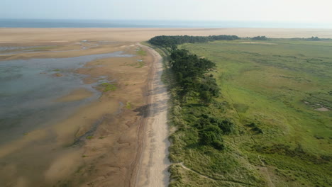 Establishing-Drone-Shot-Down-the-Line-of-Sandy-Coastline-with-Trees-and-Salt-Marsh-Fields-Behind-in-North-Norfolk-UK-East-Coast
