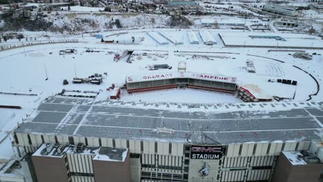 The-stampede-grounds-are-seen-from-a-aerial-drone-viewpoint-during-a-flyover-over-the-GMC-stadium